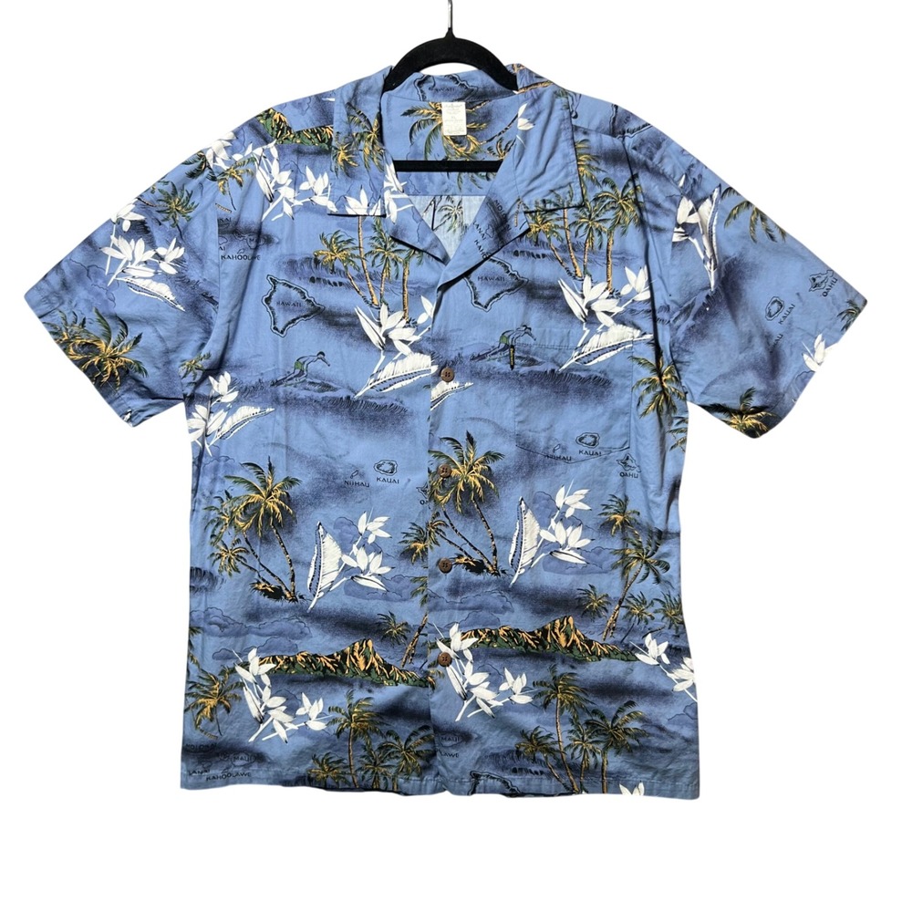 Palmwave‎ Hawaii Camp Shirt XL Blue Tropical Island Map Palm Tree Cotton Aloha